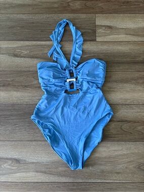 Sky Blue Halter One-Piece Swimsuit with Front Buckle